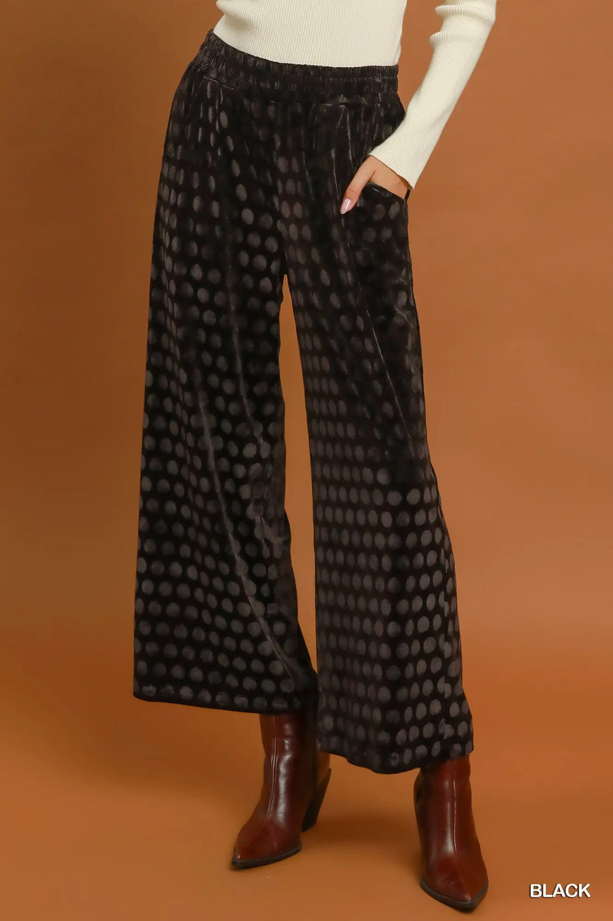 C6721 | Umgee Velvet Polka Dot Wide Leg Pants | Black | Sizes S-L